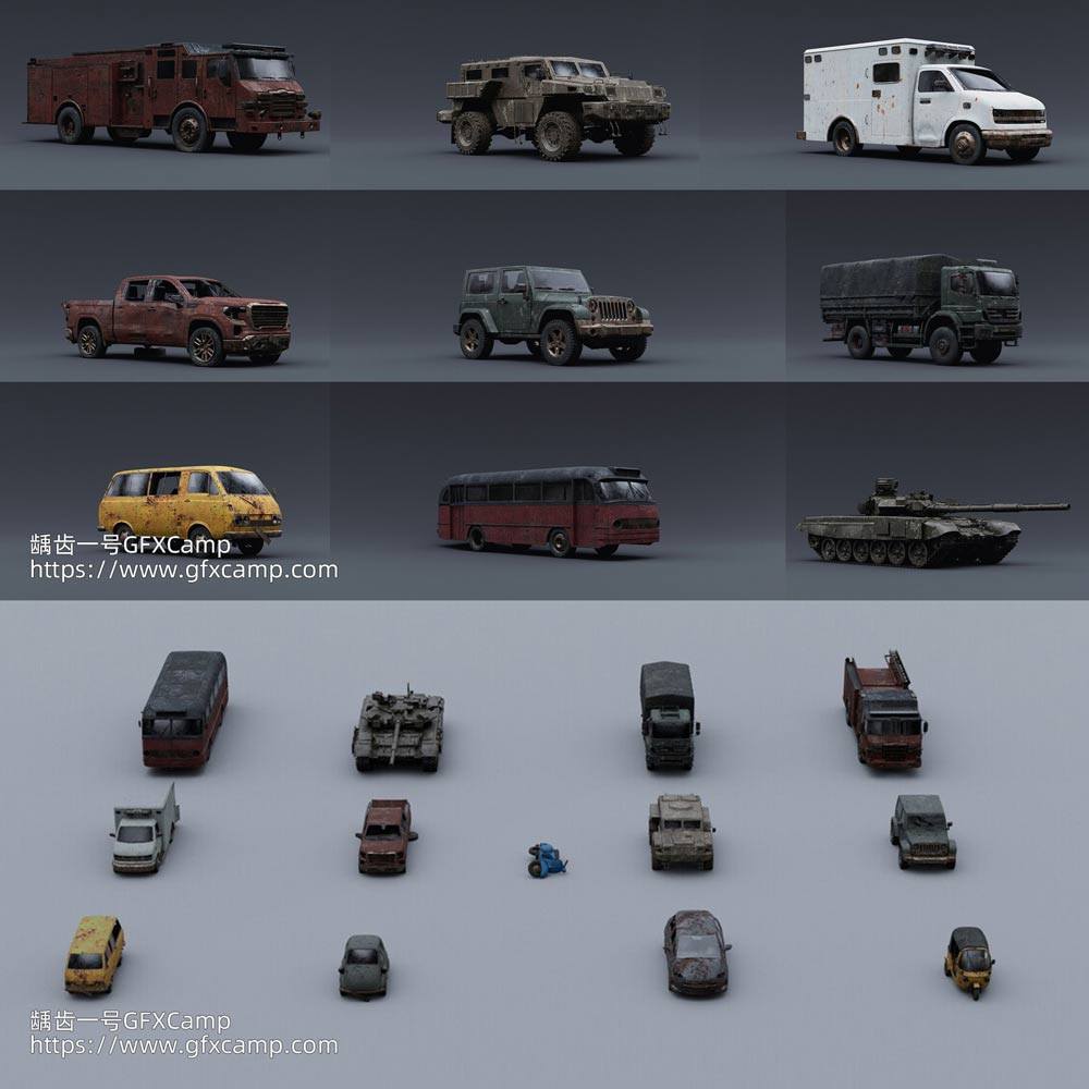 废弃破旧卡车吉普大巴面包车坦克汽车3D模型 Blender/FBX/OBJ格式-天天素材网