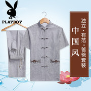 Trung niên mùa hè quốc gia trang phục của nam giới Tang phù hợp với linen ngắn tay phù hợp với phong cách Trung Quốc retro Hanfu cha nam quần áo