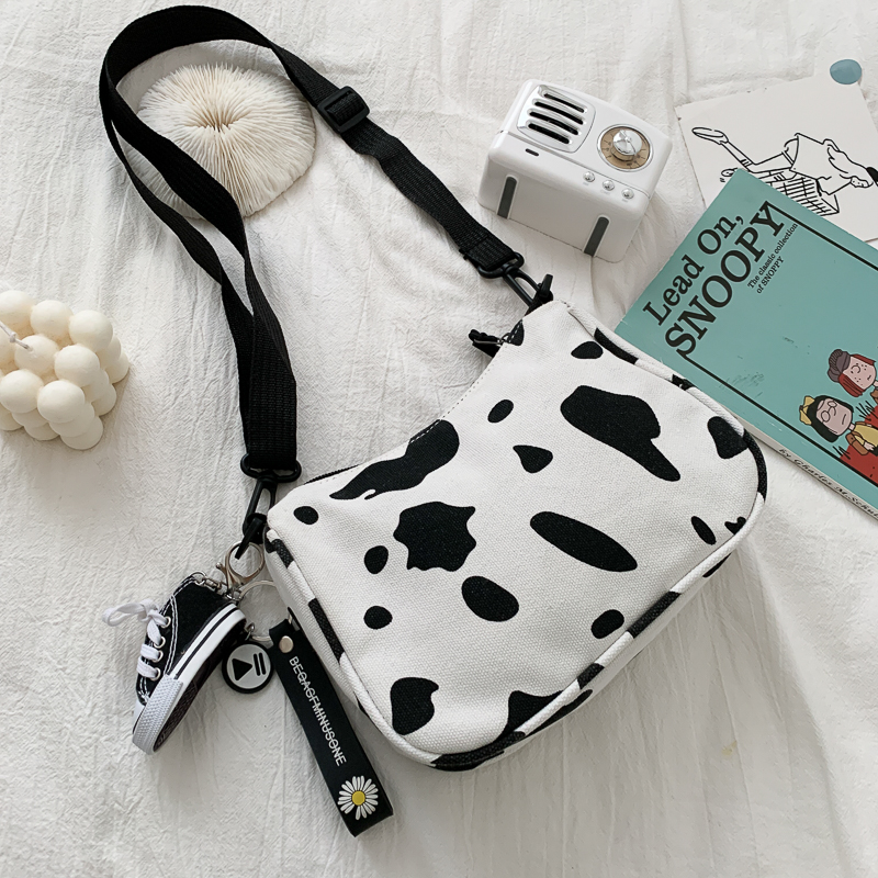 White (Small Shoe Pendant)ins solar system Harajuku girl lovely cow One shoulder Inclined shoulder bag the republic of korea chic Soft girl canvas Small bag Adorable