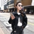 Mùa thu 2018 mới của Hàn Quốc phiên bản của màu đen lỏng đầu máy pu da phụ nữ ngắn ngắn tay áo giản dị áo khoác da áo khoác da lộn lót lông nữ Quần áo da
