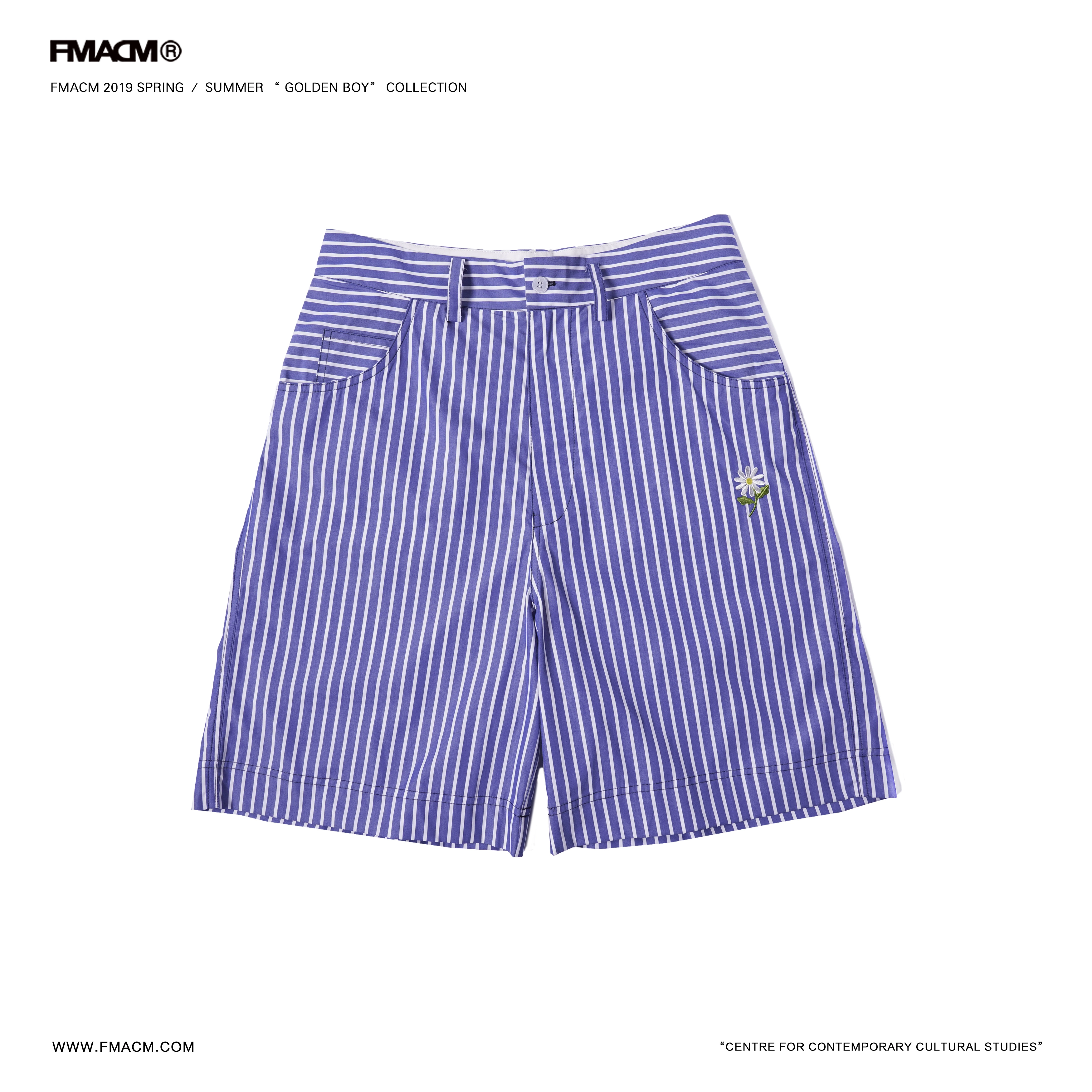 FMACM 19SS sọc dọc màu xanh và trắng in hoa thêu quần ngắn mùa xuân và mùa hè quần nam giả thương hiệu quần denim - Quần short