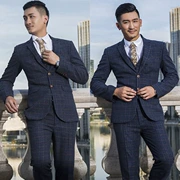 Bộ đồ vest nam giản dị Bộ ba mảnh Hàn Quốc Anh Quốc Chú rể Áo cưới Váy kẻ sọc Nam - Suit phù hợp