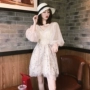 Mùa xuân và mùa thu Hàn Quốc phiên bản của gió sang trọng V-cổ đơn ngực cao eo là sequins mỏng lưới dài tay đèn lồng tay áo Một từ ăn mặc nữ đầm xòe