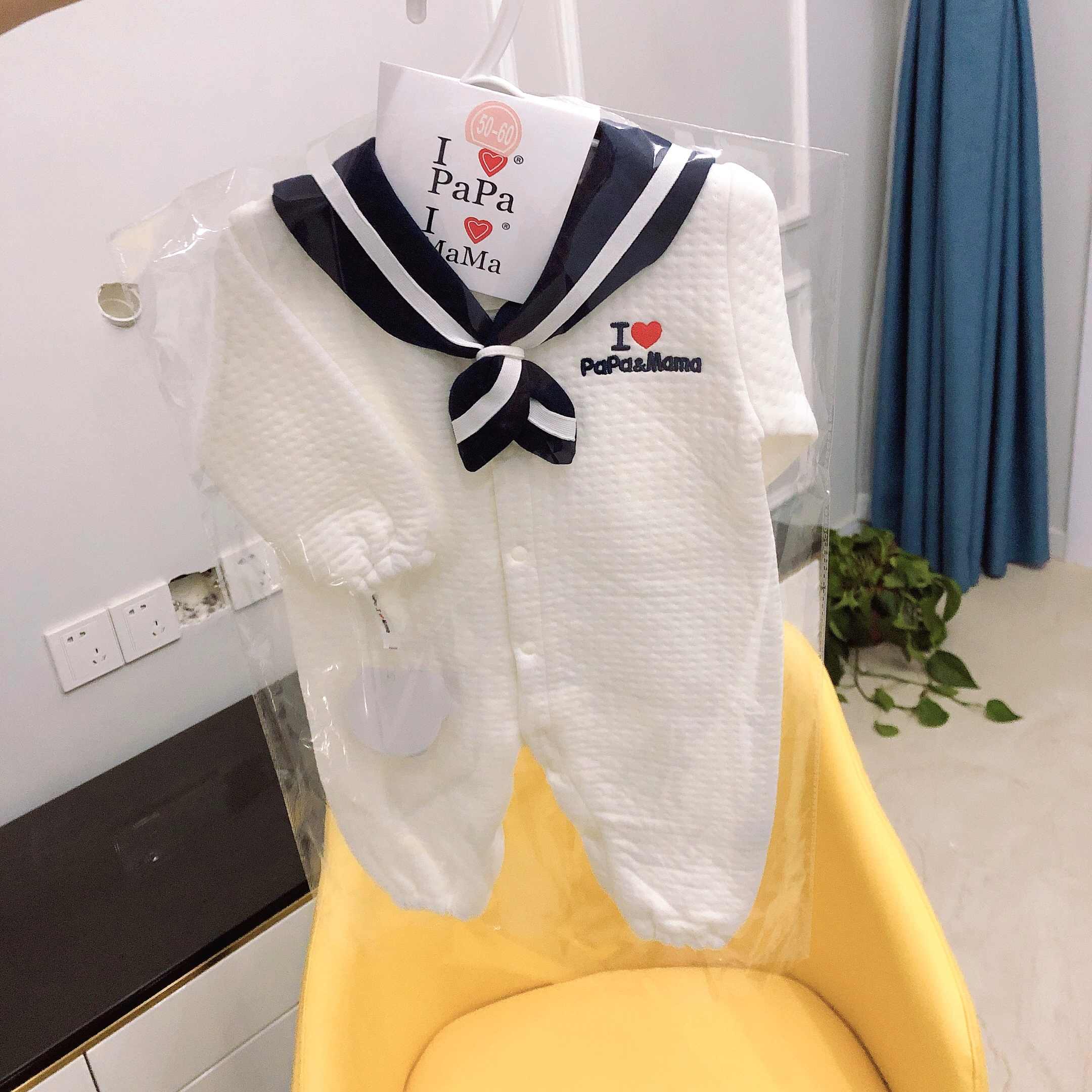 Bộ đồ liền thân cho bé ilovepapa & mama mùa xuân và mùa thu cotton hải quân phù hợp với bé sơ sinh 0-3 tháng - Áo liền quần