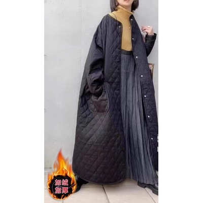 taobao agent Light and thin velvet demi-season Japanese long warm down jacket, feather stuffing, mid-length