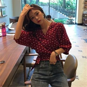 Chic đầu mùa thu áo 2018 mới của Hàn Quốc phiên bản của thắt lưng là mỏng Hồng Kông hương vị dài tay loose net áo sơ mi màu đỏ nữ xã hội