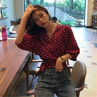 Chic đầu mùa thu áo 2018 mới của Hàn Quốc phiên bản của thắt lưng là mỏng Hồng Kông hương vị dài tay loose net áo sơ mi màu đỏ nữ xã hội áo sơ mi nữ dài tay kiểu