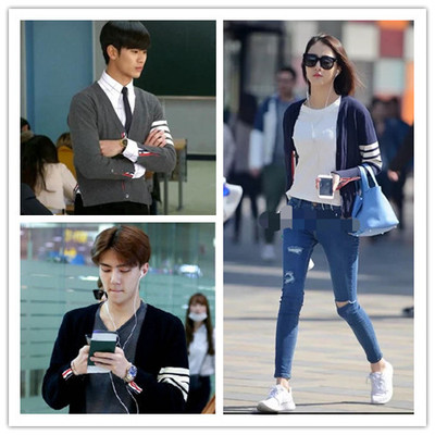 thom 潮牌秋明星同款tb开衫女 条纹针织衫薄款毛衣情侣外套browne