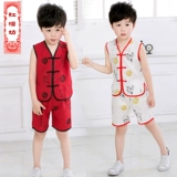 Летнее детское этническое ханьфу для мальчиков, нарукавники для раннего возраста, комплект, этнический стиль, из хлопка и льна, короткий рукав