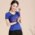 Trung quốc phong cách của phụ nữ áo thêu gió quốc gia mùa hè ăn mặc thêu ngắn tay t-shirt nữ kích thước lớn cotton mỏng đáy áo sơ mi Áo phông