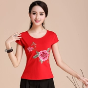 Trung quốc phong cách của phụ nữ áo sơ mi mùa hè thêu dân tộc ngắn tay t-shirt của phụ nữ cotton vòng cổ bông thêu đáy áo sơ mi