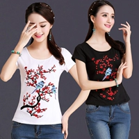 Phong cách dân tộc của phụ nữ áo sơ mi Trung Quốc phong cách mùa hè thêu ngắn tay t-shirt nữ Slim thêu kích thước lớn bông đáy áo áo khoác dạ nữ