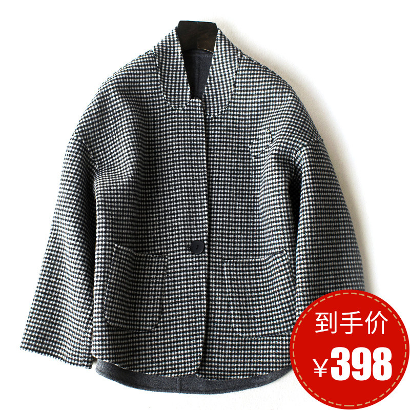 Đôi phải đối mặt với len cashmere áo khoác ngắn áo khoác nữ 2018 mùa đông mới màu đen và trắng houndstooth áo khoác áo khoác nữ