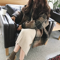 Retro kẻ sọc áo len nữ sinh viên mùa đông Hàn Quốc phiên bản lỏng mỏng BF Harajuku phong cách dày len áo triều áo khoác dạ hàn quốc