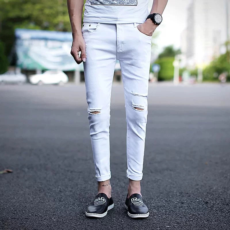 Chân nhỏ bó sát quần jean nam quần nam thời trang quần Hàn Quốc mùa xuân và mùa hè dây kéo cổ điển đen quần mỏng - Quần jean