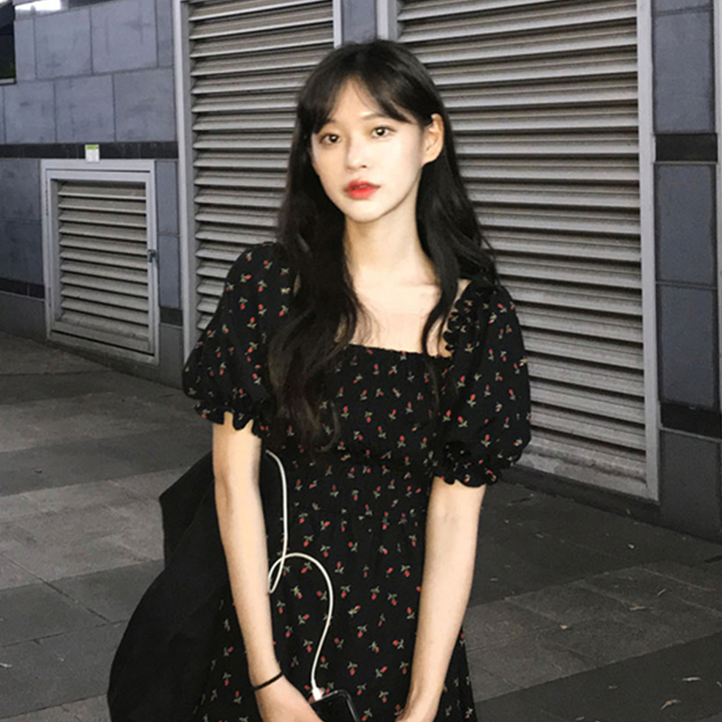 Black XLFrench Retro little chap Cool and cute Broken flower Chiffon Dress Female collar puff sleeve Hepburn Little black dress