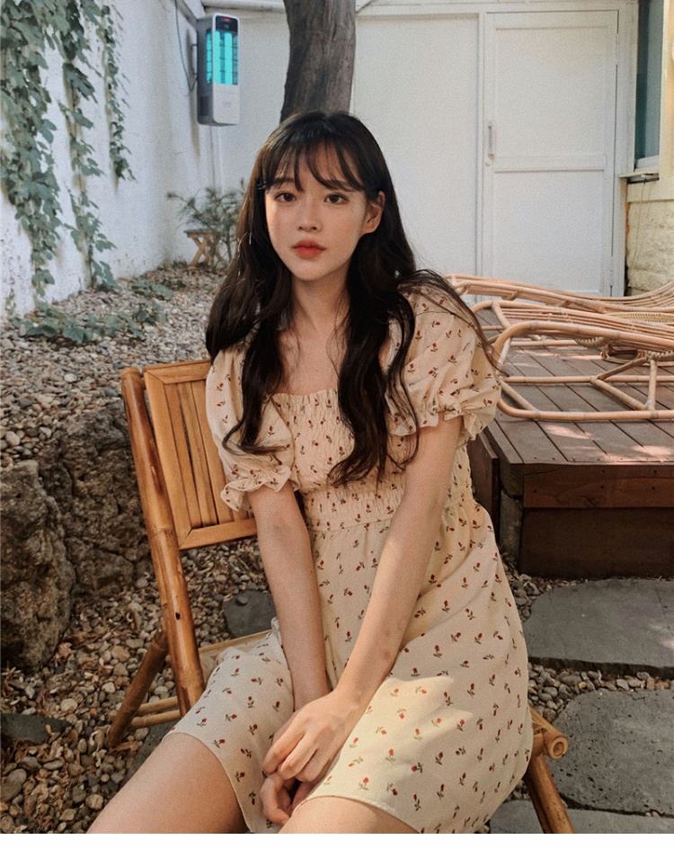 Apricot SFrench Retro little chap Cool and cute Broken flower Chiffon Dress Female collar puff sleeve Hepburn Little black dress