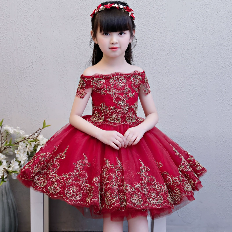 Cô gái từ vai váy dạ hội công chúa váy quý tộc bé sinh nhật váy cưới sợi bông hoa cô gái trang phục - Váy trẻ em
