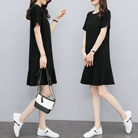 Черное летнее платье, цветная юбка, крой «рыбий хвост», 2021 года, в корейском стиле, свободный крой, А-силуэт