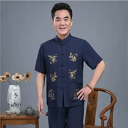 Mùa hè ngắn tay phù hợp với người đàn ông trung niên của bông và linen áo sơ mi Trung Quốc phong cách cha ông nội mặc của nam giới trang phục dân tộc