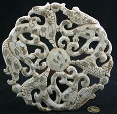 Подвеска для автомобиля 战汉古玉器河磨玉三兽凤鸟纹玉壁高古鸡骨白古玩古董特价收藏文化