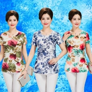 Mùa hè thời trang trung niên áo thun nữ đã mỏng cỡ lớn áo sơ mi mẹ ngắn tay in lụa Hàn Quốc thủy triều