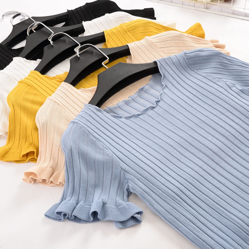 2018 mùa hè mới bằng gỗ tai ngắn tay băng lụa đan t- shirt nữ cổ tròn mỏng đáy áo mỏng phần sinh viên