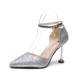 Giày phù dâu mùa xuân sequin cao gót nữ stiletto nhọn mới mã nhỏ khóa với dép mèo với giày rỗng sandal nữ hàn quốc Sandal