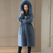 Áo khoác len nữ 2017 mùa đông phiên bản mới của Hàn Quốc có phần dài nước hoa nhỏ gió siêu lớn lông cổ áo thắt lưng bằng len