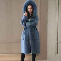 Áo khoác len nữ 2017 mùa đông phiên bản mới của Hàn Quốc có phần dài nước hoa nhỏ gió siêu lớn lông cổ áo thắt lưng bằng len kiểu áo dạ đẹp