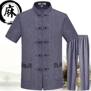 Trung quốc phong cách đàn ông của mùa hè trung niên ngắn tay Tang phù hợp với nam giới linen phù hợp với phong cách Trung Quốc kích thước lớn trang phục dân tộc cha