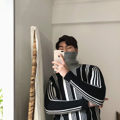 [JM] 3 màu sắc vào phong cách Anh Hàn đơn giản sọc dọc Slim đáy dày đan áo len cao cổ nam giới và phụ nữ
