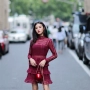 Cheng Haoer Wu Hao với đoạn SP rượu vang đỏ openwork ren dài tay xù lớp váy váy - Sản phẩm HOT váy đầm