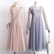 Váy cổ tích mùa xuân nữ khí chất váy dài eo thanh lịch eo cao eo lớn đu lưới váy hai bộ phụ nữ