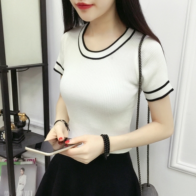 2018 mùa hè mới vòng cổ màu sọc đan áo sơ mi hàng đầu Hàn Quốc phiên bản của sinh viên hoang dã ngắn tay phụ nữ áo len mẫu áo len đẹp 2021 Vòng cổ áo len