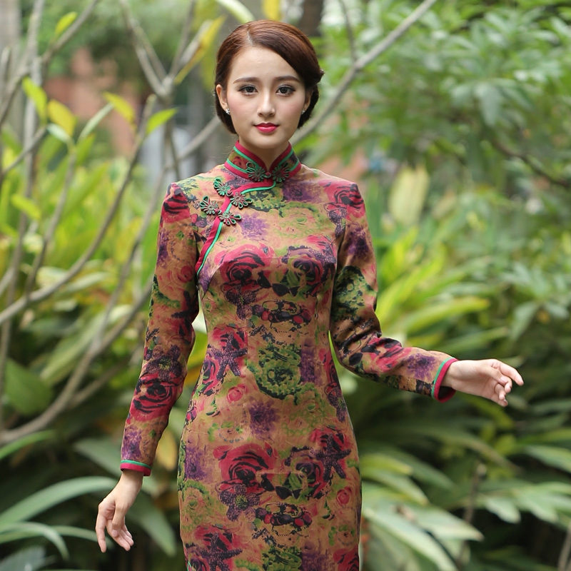 玫娅娣 Women's retro silk long cheongsam, 2022, long sleeve