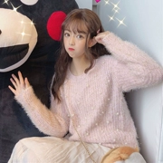 Áo len nữ mùa thu phiên bản Hàn Quốc nhỏ bé và ngọt ngào dễ thương đính cườm áo len cổ tròn cộc tay là áo len mỏng bé gái