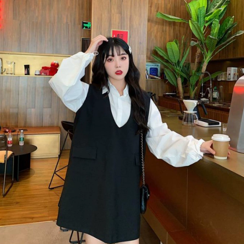 Đầm dự tiệc 2019 mùa thu mới phiên bản Hàn Quốc của áo vest cổ chữ V + áo sơ mi tay lửng ống loe nữ hai dây - Áo vest
