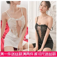 Bộ đồ ngủ ngày Valentine Tách lông mi đen Ren thêu sợi tơ lụa Home Thong Nightdress Set đồ mặc nhà