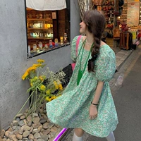 Юбка, зеленый ретро милый приталенный корсет, платье, подходит для подростков, коллекция 2021, квадратный вырез, в цветочек