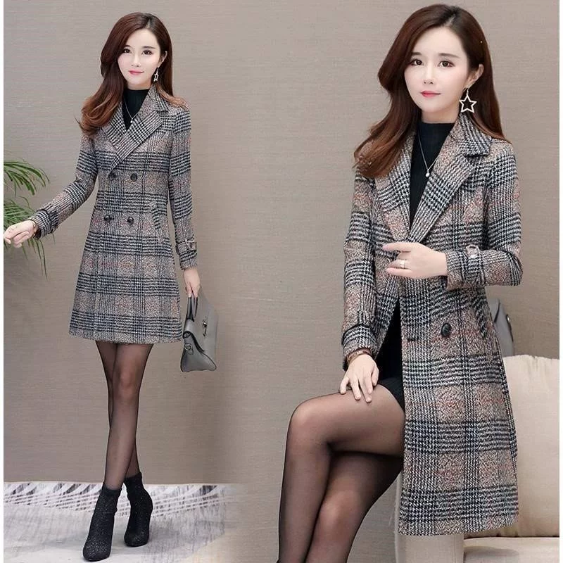 2019 quần áo mùa thu và mùa đông mới của phụ nữ Hàn Quốc áo len rộng kích thước lớn áo len lông cừu giữa chiều dài áo khoác len kẻ sọc - Trung bình và dài Coat