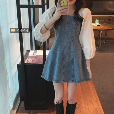 taobao agent Spring design set, denim dress, plus size, 2021 collection, french style, fitted