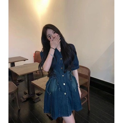 taobao agent Summer denim dress, design belt, plus size, fitted, trend of season, A-line