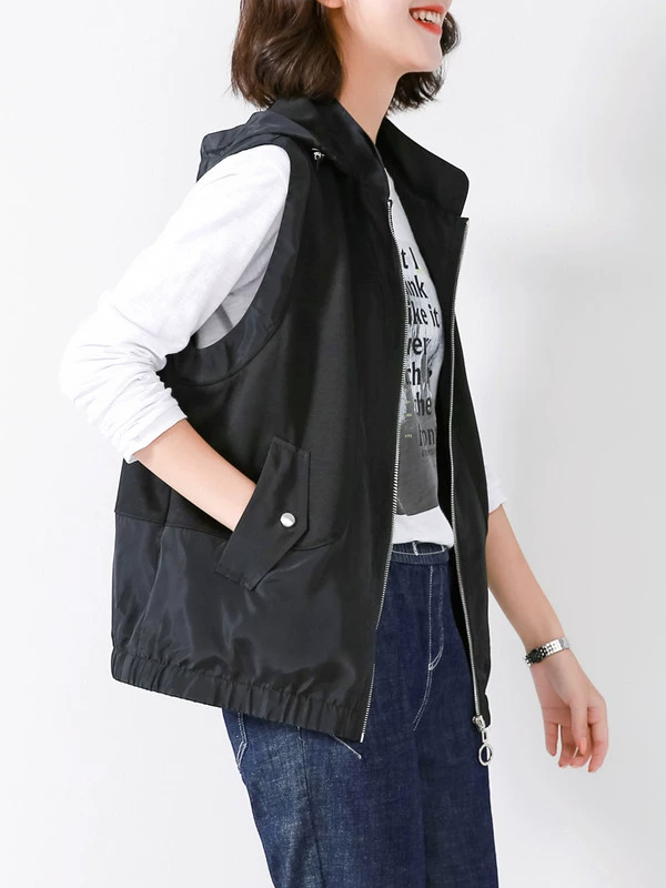 Áo vest đen mùa thu nữ tay ngắn hoang dã 2019 áo mới trùm đầu áo ghi lê áo ghi lê - Áo vest