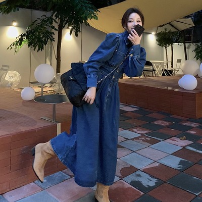 taobao agent Retro denim dress, design fitted brace, long skirt, plus size, long sleeve, 2023 collection, autumn, trend of season, mid-length