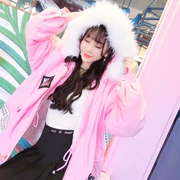 Áo khoác bông nữ khoác ngoài rộng rãi lông cổ áo phiên bản Hàn Quốc sang trọng màu hồng ngọt ngào ấm áp dày áo khoác dày