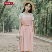 Real shot 2019 hè mới dành cho nữ sinh viên Hàn Quốc Váy đa năng đa năng + áo thun hai dây váy 1459 # - váy đầm