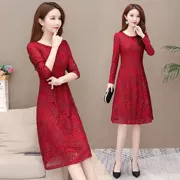 Váy đỏ 2019 mới của phụ nữ phiên bản thời trang Hàn Quốc trong phần dài của sợi lưới được che bụng bằng một chiếc váy chữ mùa thu - A-Line Váy