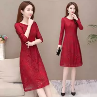 Váy đỏ 2019 mới của phụ nữ phiên bản thời trang Hàn Quốc trong phần dài của sợi lưới được che bụng bằng một chiếc váy chữ mùa thu - A-Line Váy mẫu đầm xòe hoa đẹp nhất