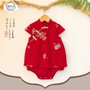 Baby Hanfu nữ lớp A cotton cao cấp thêu màu đỏ nữ quà tặng bé đính kèm công chúa quần áo quà tặng trăm ngày - Áo liền quần